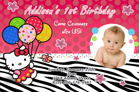 HELLO KITTY ZEBRA BIRTHDAY PARTY INVITATION 1ST BABY SHOWER CARD 