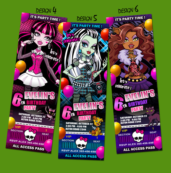 MONSTER HIGH TICKET BIRTHDAY PARTY INVITATION CARDS