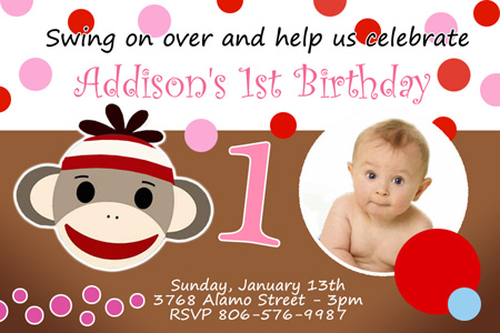 Monkey Birthday Cake on Sock Monkey Birthday Party Invitation Photo 1st Custom C1 Card   9